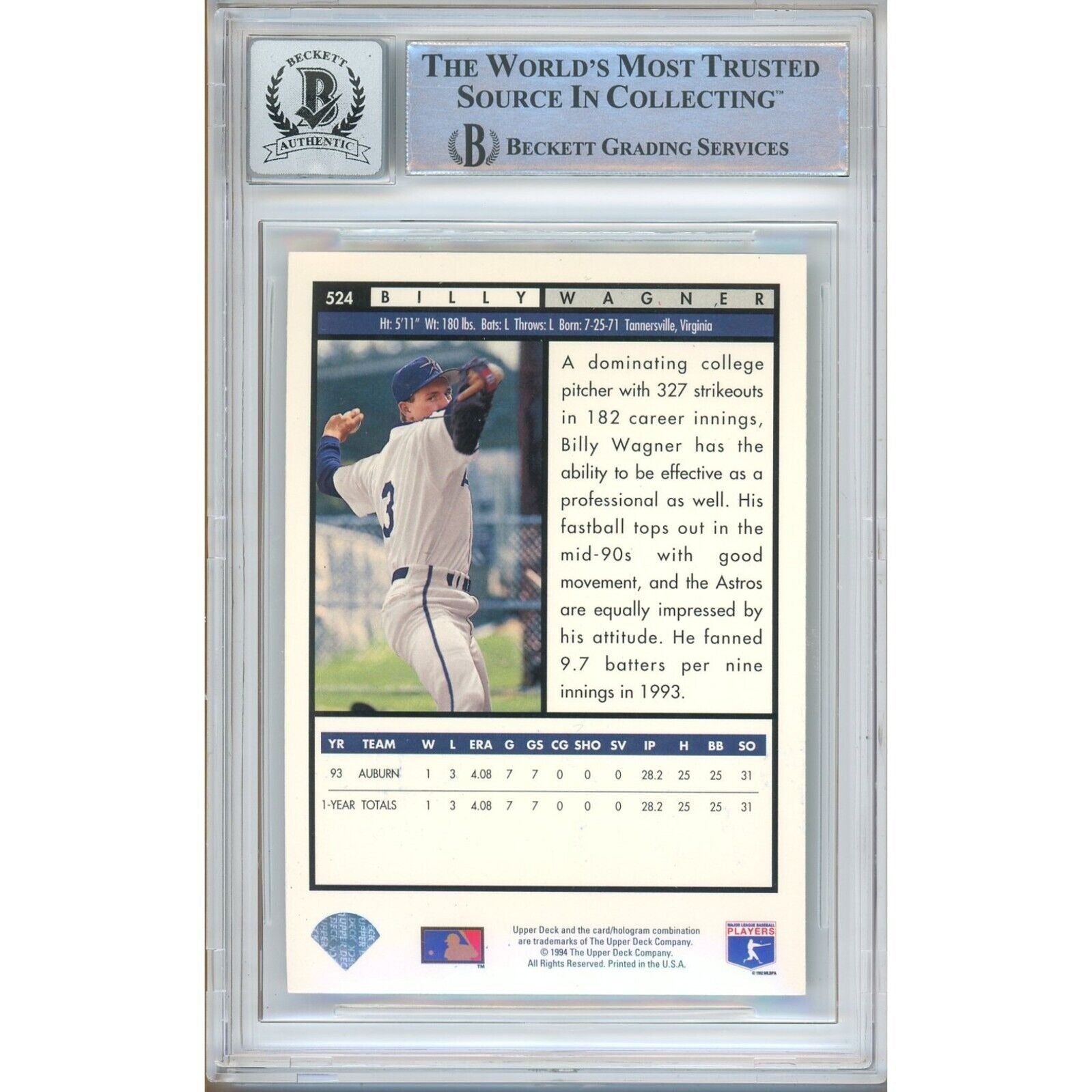 1994 Upper Deck Billy Wagner Houston Astros Signed Trading Card – Beckett BAS
