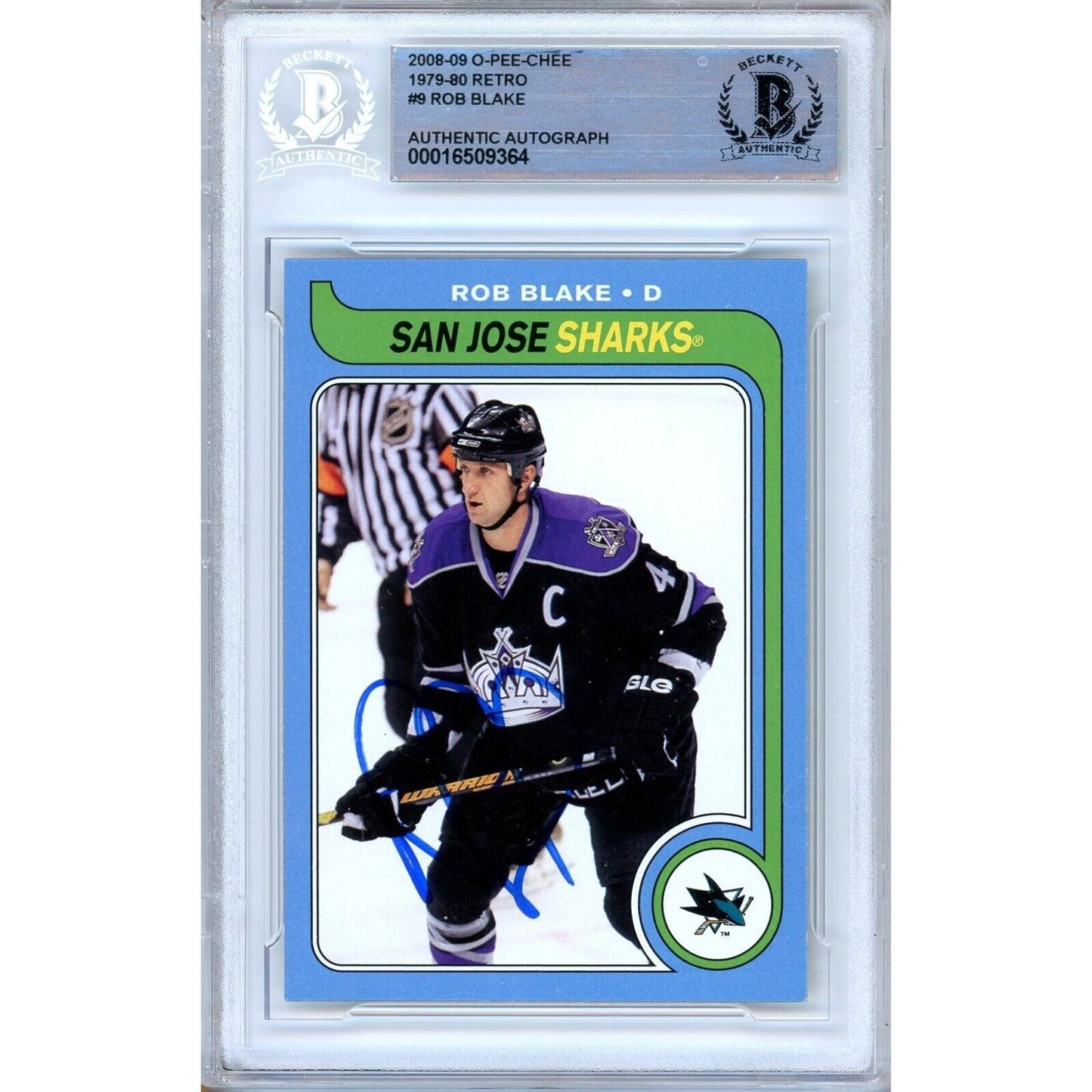 Hockey- Autographed- Rob Blake San Jose Sharks Signed 2008-09 O-Pee-Chee Retro Trading Card Beckett Authentic Auto Slab Front