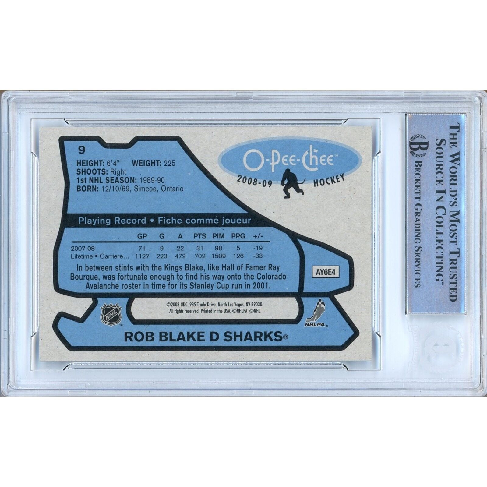 Hockey- Autographed- Rob Blake San Jose Sharks Signed 2008-09 O-Pee-Chee Retro Trading Card Beckett Authentic Auto Slab Back