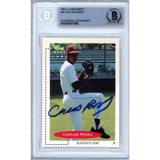 Baseballs- Autographed- Carlos Perez Montreal Expos Signed 1991 Classic Best Rookie Baseball Card Beckett Authentic Auto Slab Front