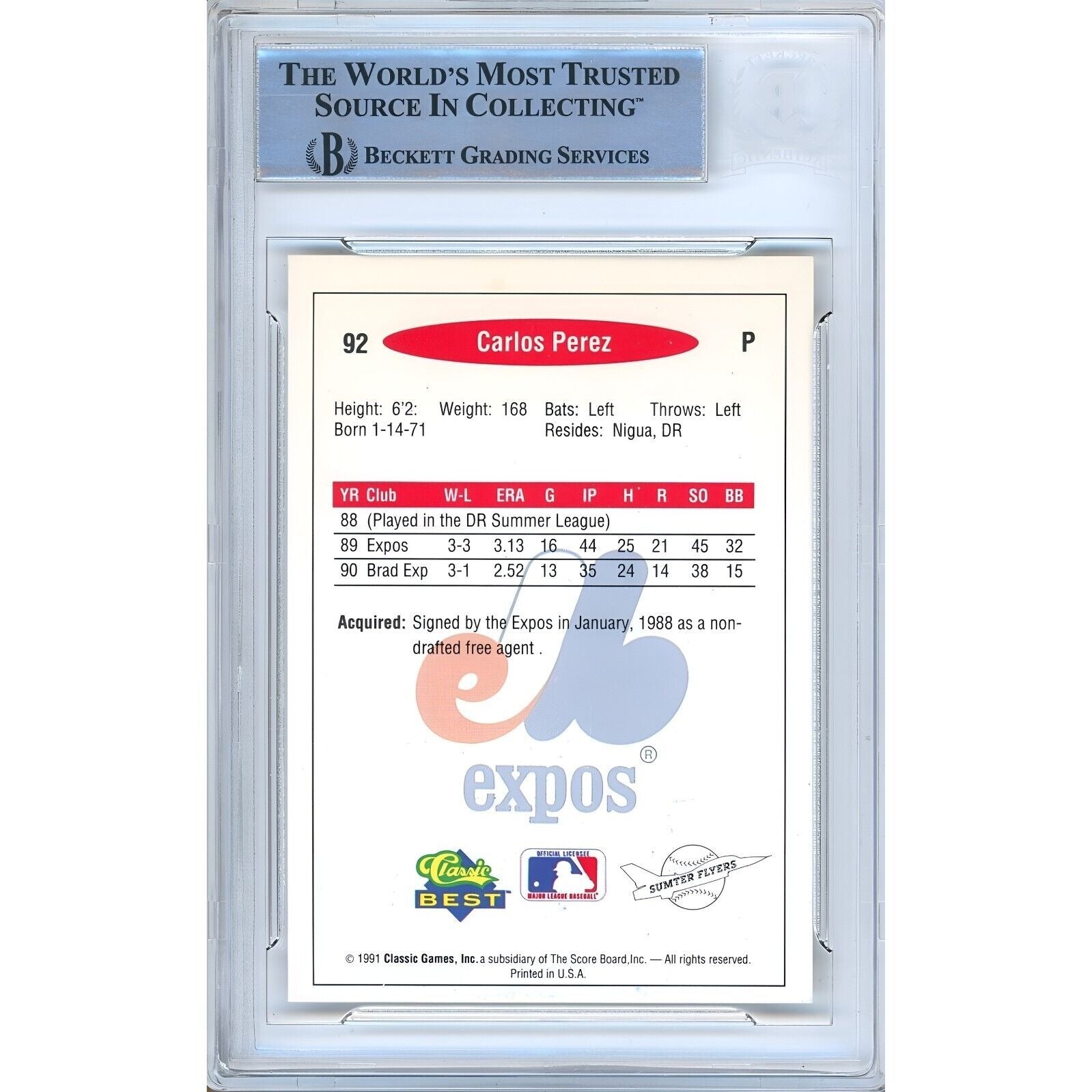 1991 #92 Carlos Perez Montreal Expos Signed Trading Card – Beckett BAS