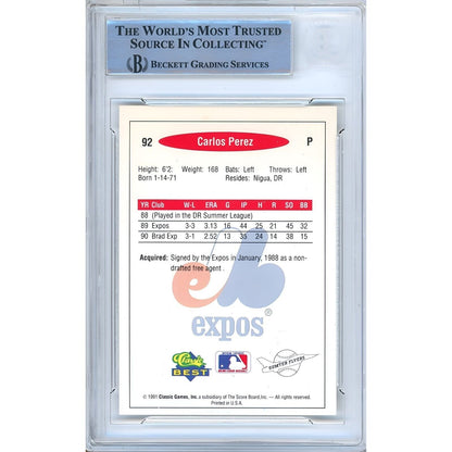 Baseballs- Autographed- Carlos Perez Montreal Expos Signed 1991 Classic Best Rookie Baseball Card Beckett Authentic Auto Slab Back