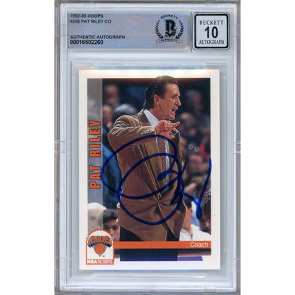 Basketballs- Autographed- Pat Riley New York Knicks Signed 1992-93 NBA Hoops Basketball Card Beckett Authentic BGS Auto-10 Graded Slab Front