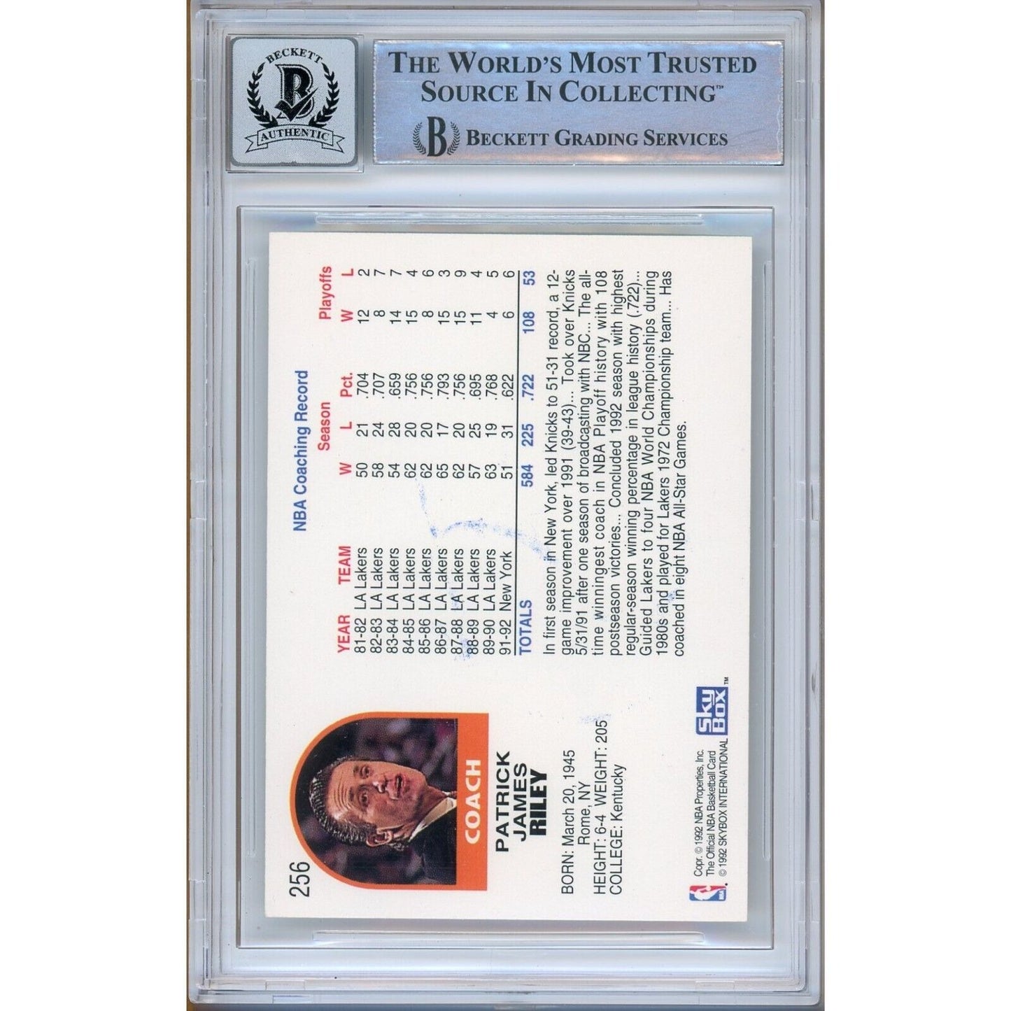 Basketballs- Autographed- Pat Riley Ny Knicks Signed 1992-93 NBA Hoops Basketball Card Beckett Authentic BGS Auto-10 Graded Slab Back