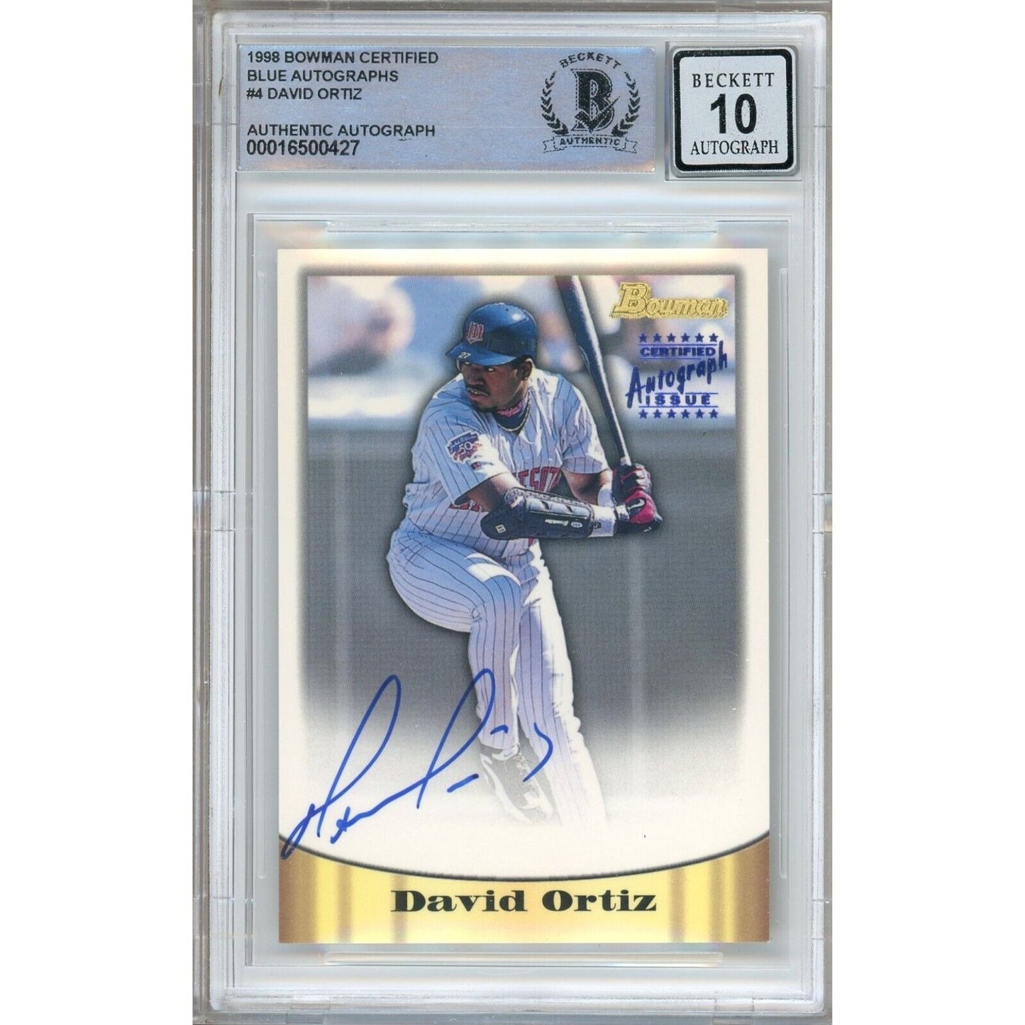 Baseballs- Autographed- David Ortiz Minnesota Twins Signed 1998 Bowman Certified Blue Autographs Baseball Card Beckett Authentic BGS Auto-10 Graded Slab Front