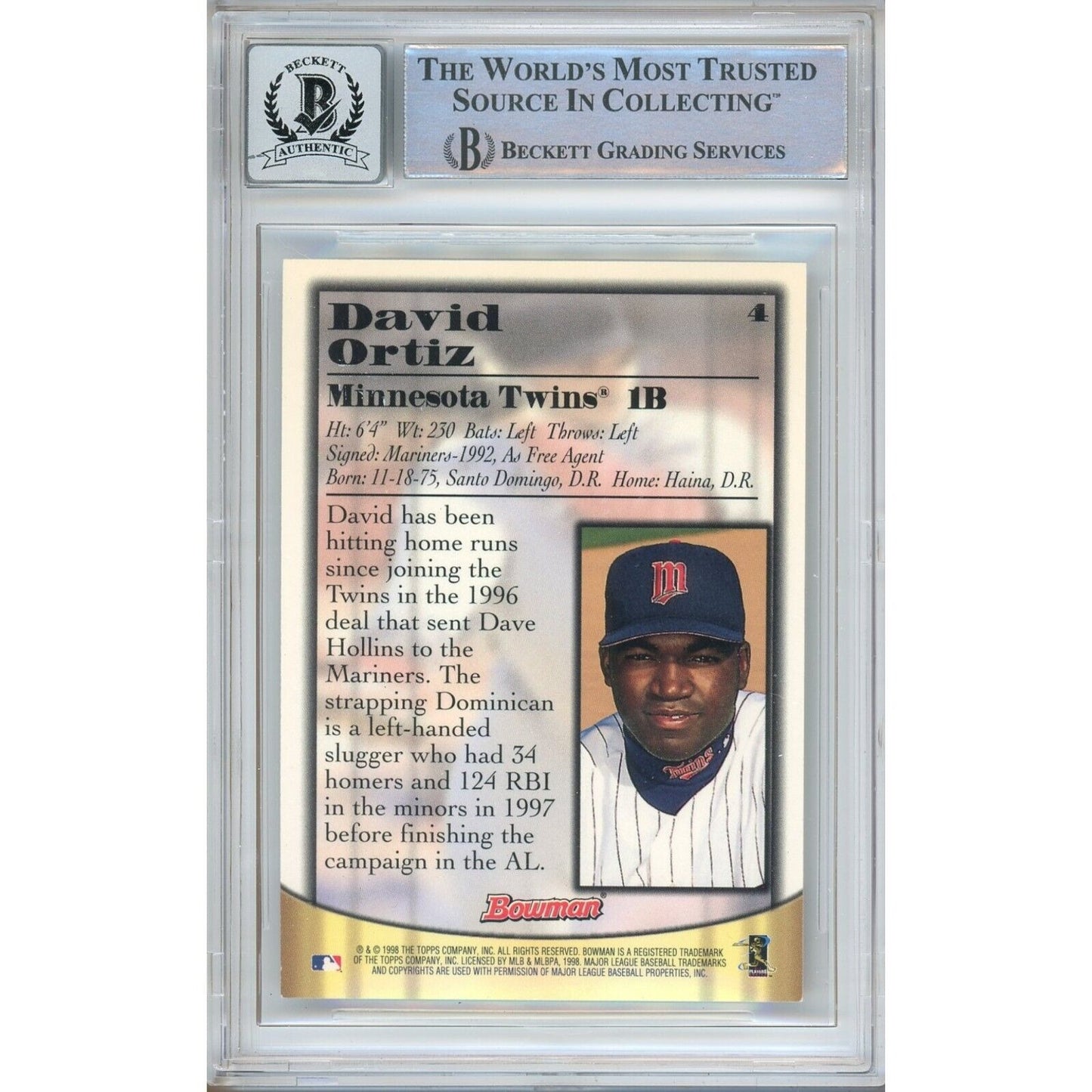 Baseballs- Autographed- David Ortiz Minnesota Twins Signed 1998 Bowman Certified Blue Autographs Baseball Card Beckett Authentic BGS Auto-10 Graded Slab Back