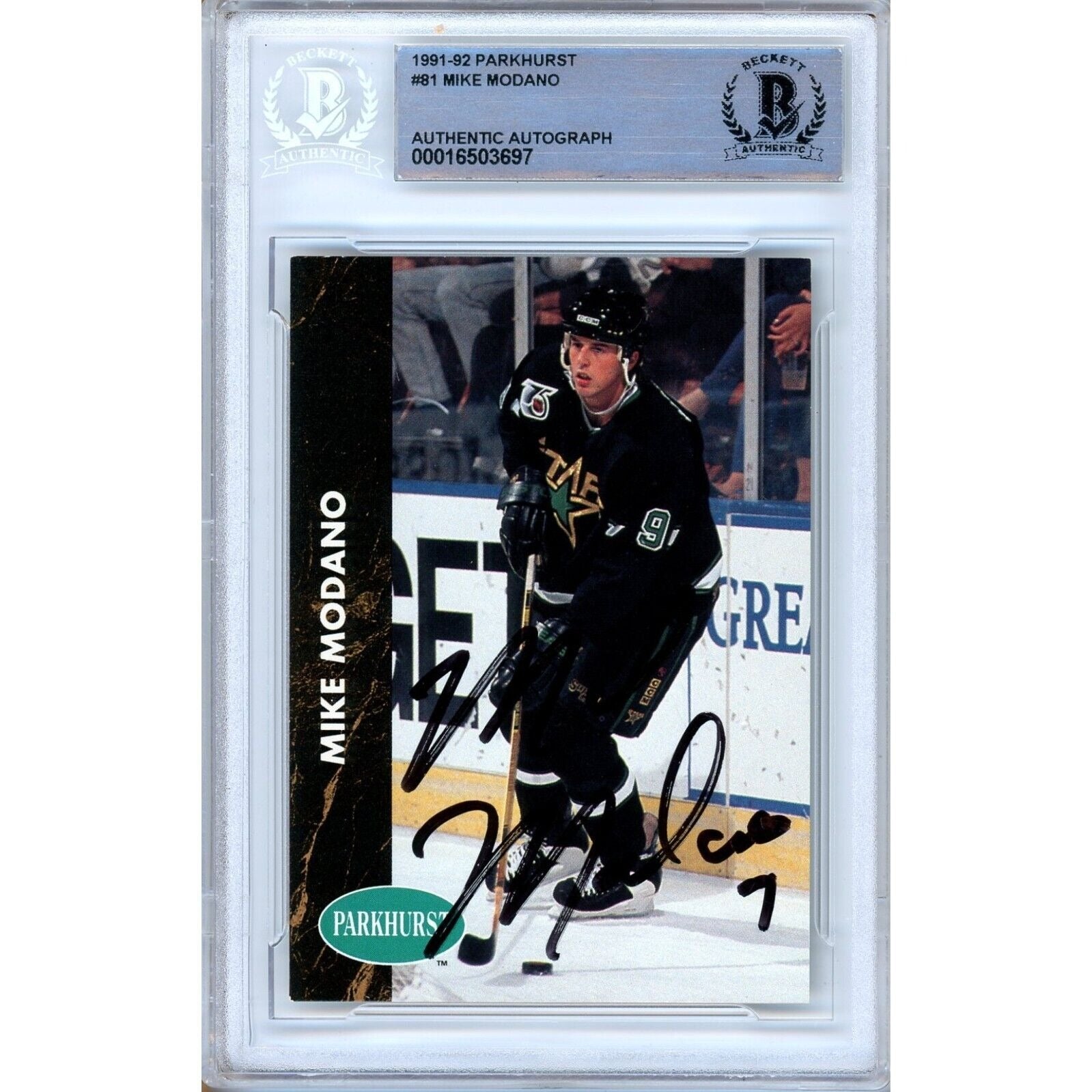 Hockey- Autographed- Mike Modano Dallas Stars Signed 1992-92 Parkhurst Hockey Card Beckett Authentic Auto Slab Front