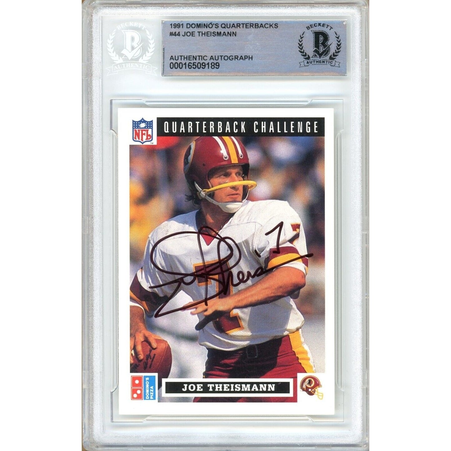 Footballs- Autographed- Joe Theismann Washington Commanders Signed 1991 Domino's Quarterback Challenge Football Card Beckett Authentic Auto Slab Front