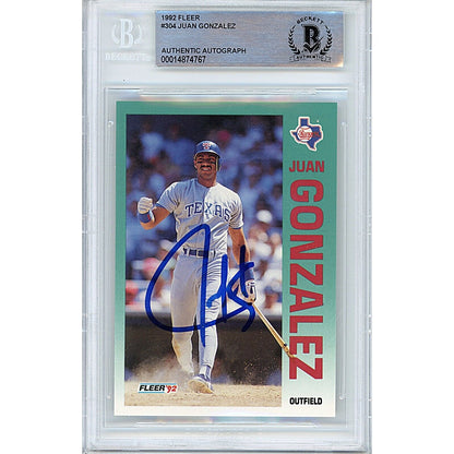 Baseballs- Autographed- Juan Gonzalez Texas Rangers Signed 1992 Fleer Baseball Card Beckett Authentic Auto Slab Front