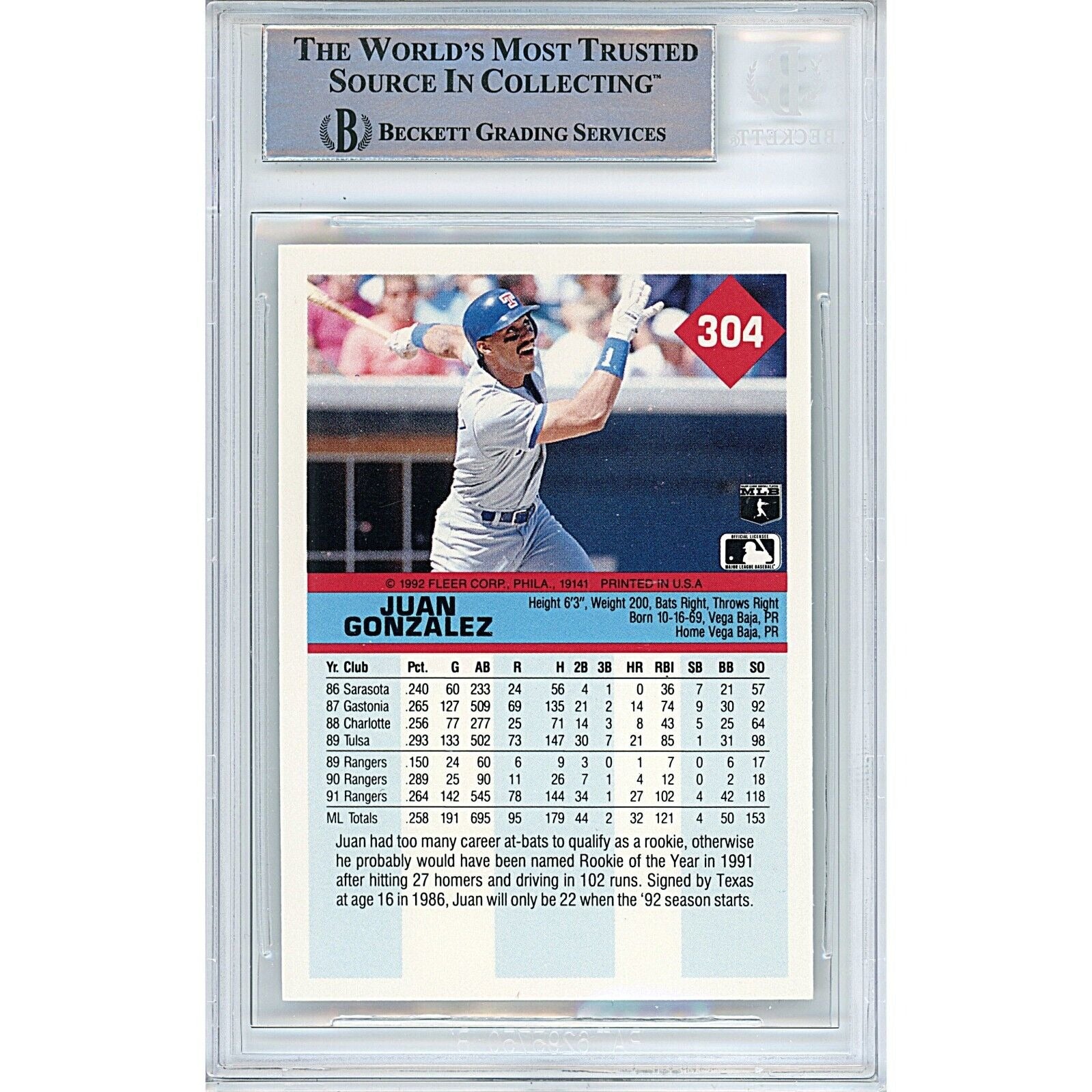 Juan Gonzalez Texas Rangers signed trading card – signature close-up – Beckett COA