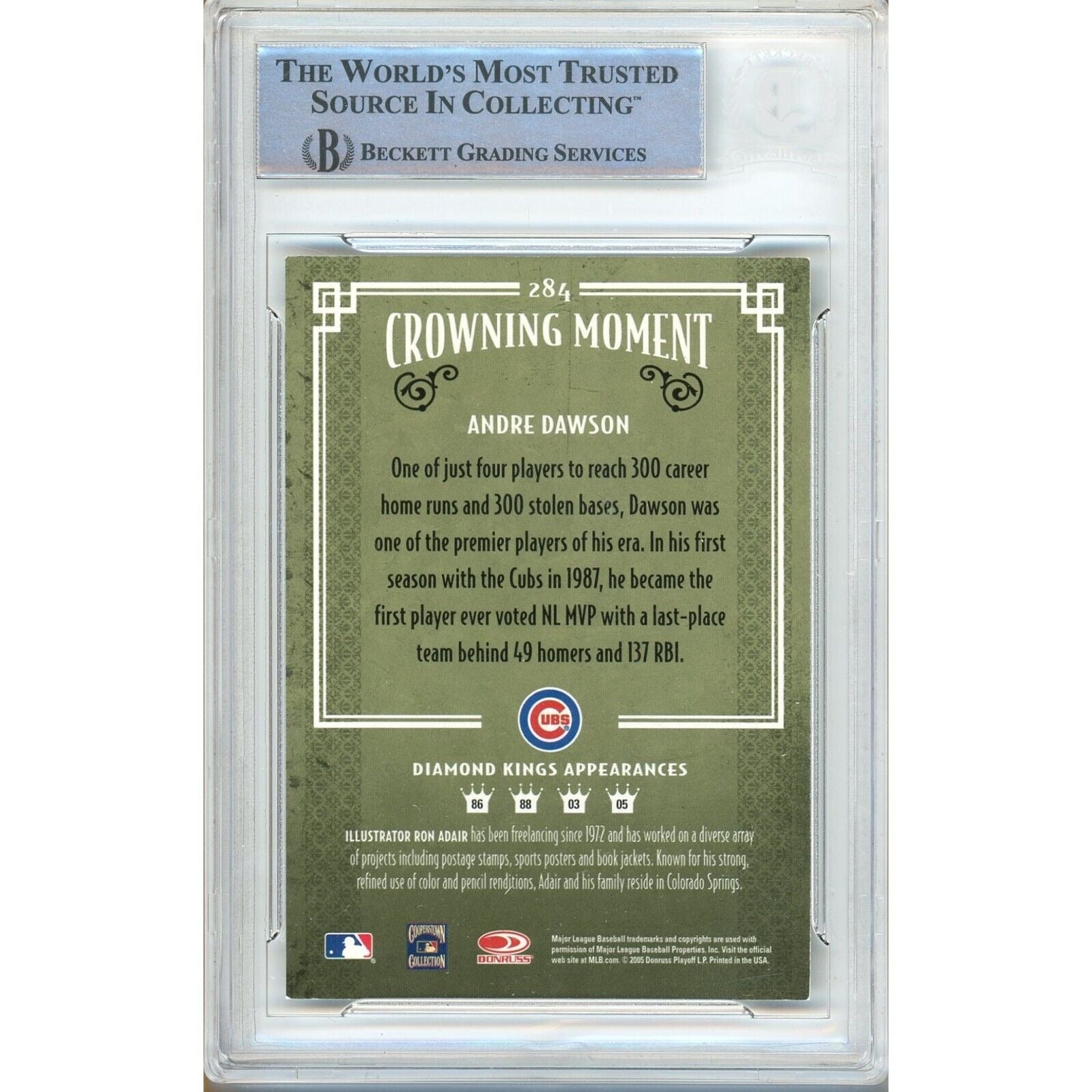 Baseballs- Autographed- Andre Dawson Chicago Cubs Signed 2005 Donruss Diamond Kings Black and White Variant Baseball Card Beckett Authentic Auto Slab Back