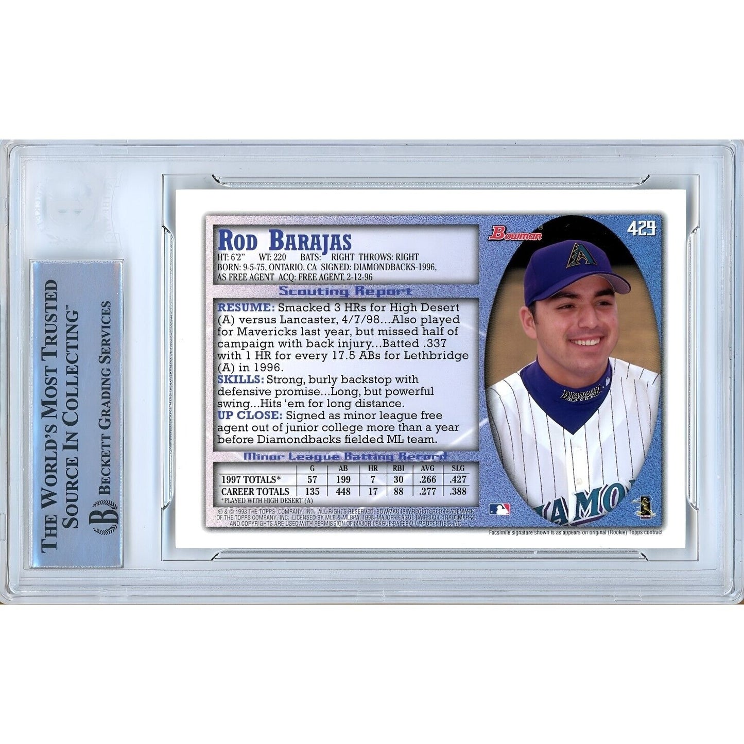 Baseballs- Autographed- Rod Barajas Arizona Diamondbacks Signed 1998 Bowman Trading Card Beckett Authentic Auto Slab Back