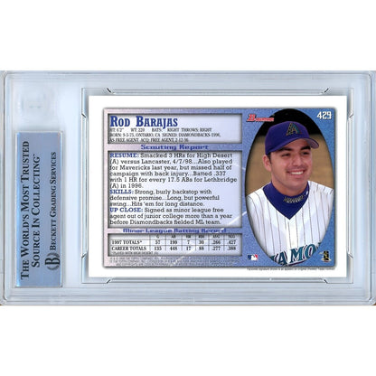 Baseballs- Autographed- Rod Barajas Arizona Diamondbacks Signed 1998 Bowman Trading Card Beckett Authentic Auto Slab Back