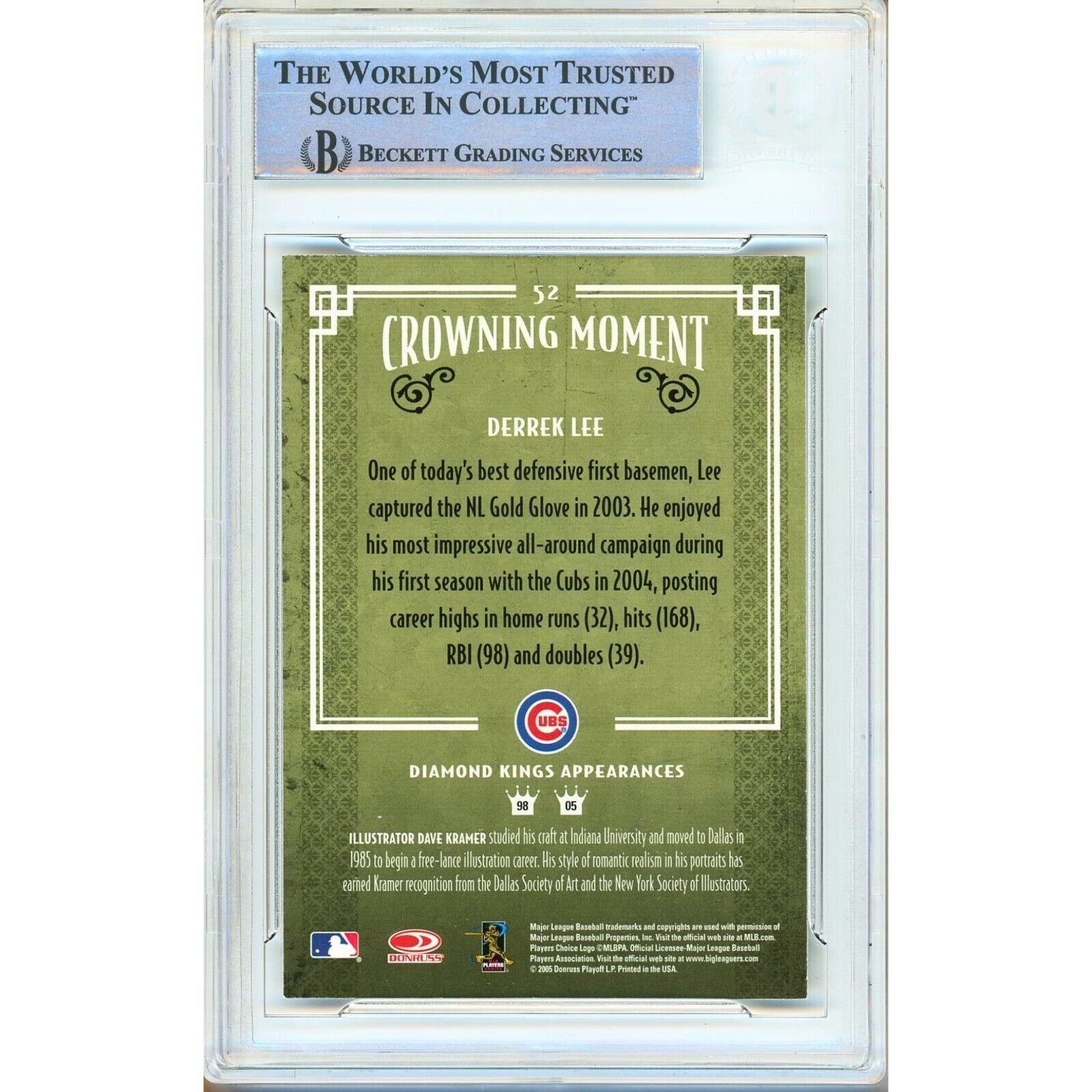 Baseballs- Autographed- Derrek Lee Chicago Cubs Signed 2005 Donruss Diamond Kings Baseball Card Beckett Authentic Auto Slab Back