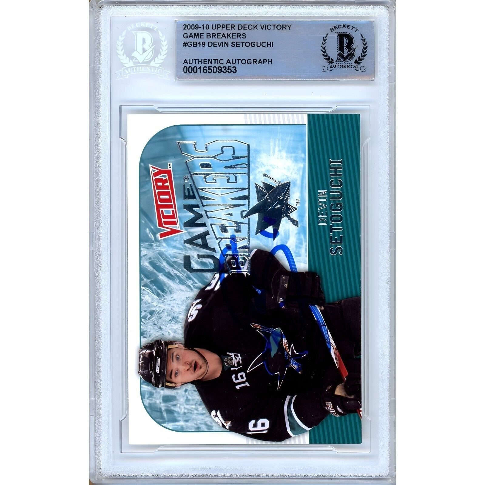 Devin Setoguchi San Jose Sharks signed trading card – signature close-up – Beckett COA
