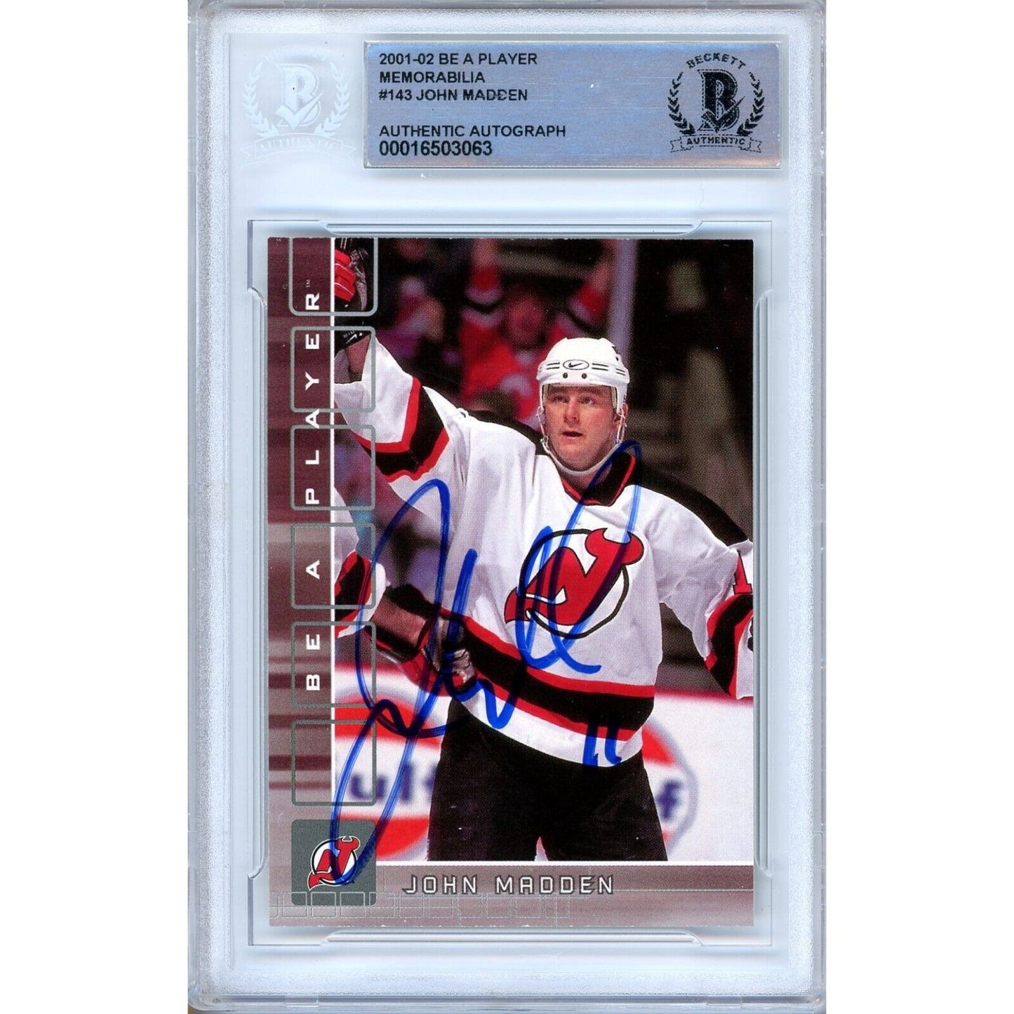 Hockey- Autographed- John Madden New Jersey Devils Signed 2001-02 BAP Be A Player Memorabilia Hockey Card Beckett Authentic Auto Slab Front