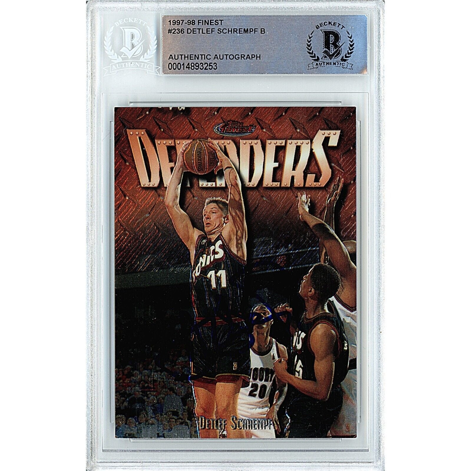 Basketballs- Autographed- Detlef Schrempf Seattle Supersonics Signed 1997-98 Topps Finest Basketball Card Beckett Authentic Auto Slab Front