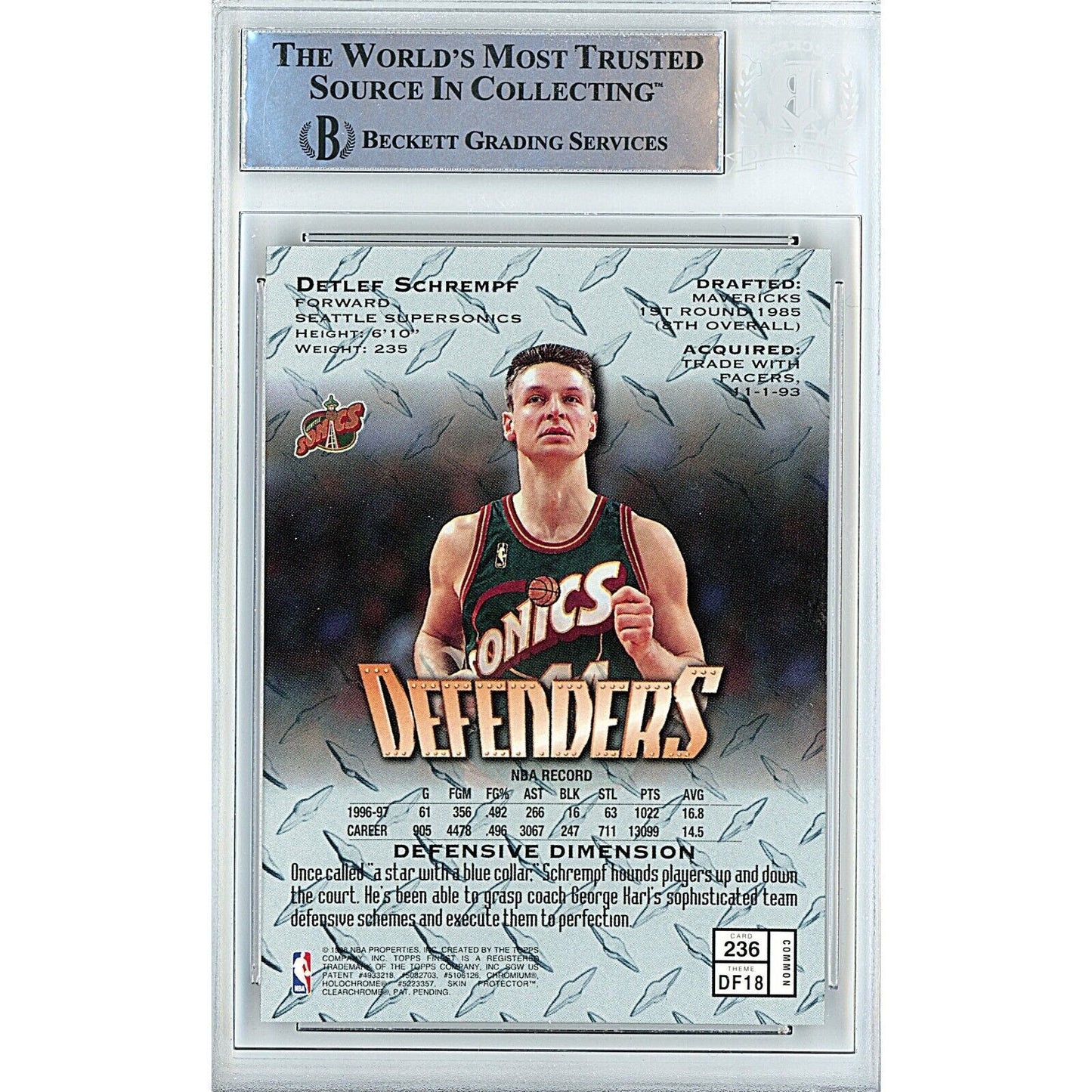 Basketballs- Autographed- Detlef Schrempf Seattle Supersonics Signed 1997-98 Topps Finest Basketball Card Beckett Authentic Auto Slab Back