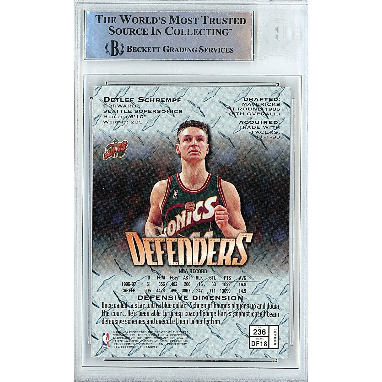 Basketballs- Autographed- Detlef Schrempf Seattle Supersonics Signed 1997-98 Topps Finest Basketball Card Beckett Authentic Auto Slab Back