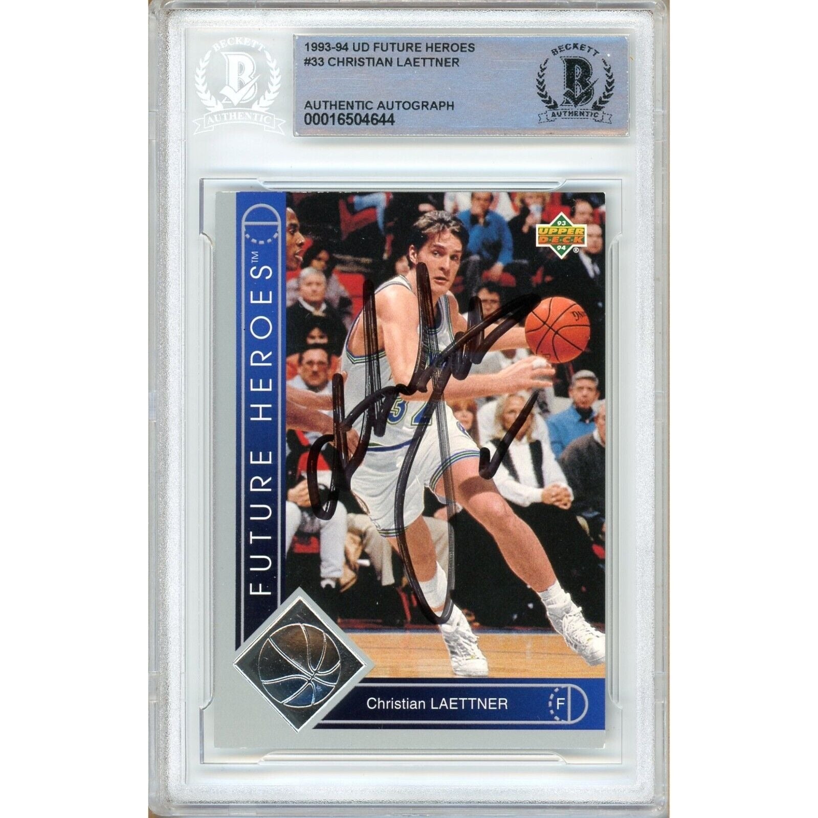 Basketballs- Autographed- Christian Laettner Minnesota Timberwolves Signed 1993-94 Upper Deck Future Heroes Insert Basketball Card Beckett Authentic Auto Slab Front