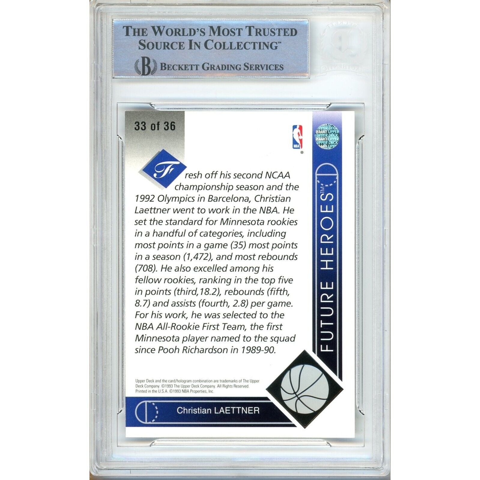 1993 Upper Deck #33 Christian Laettner MN Timberwolves Signed Trading Card – Beckett BAS