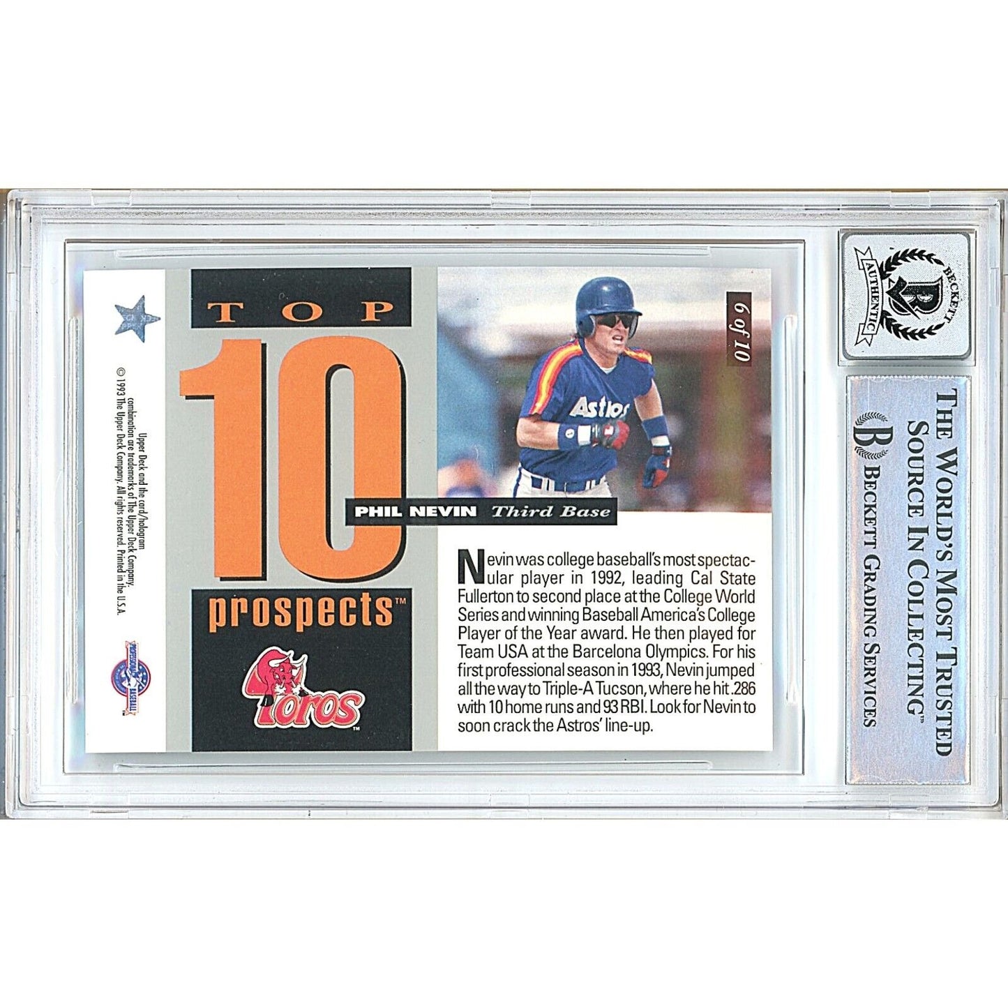 Baseballs- Autographed- Phil Nevin Houston Astros Signed 1994 Upper Deck Minors Baseball Rookie Card Beckett Authentic BGS Auto-10 Graded Slab Back