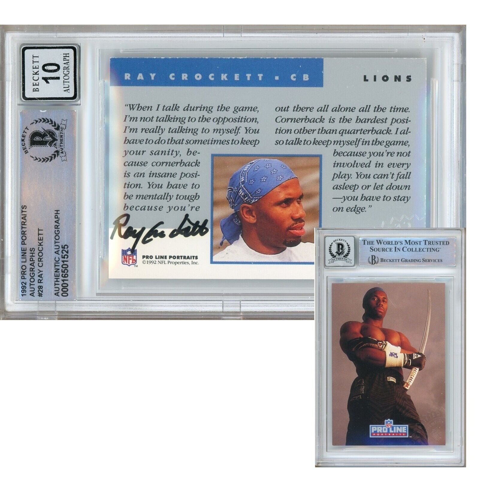 Footballs- Autographed- Ray Crockett Detroit Lions Signed 1992 Pro Line Portraits Trading Card Beckett Authentic BGS Auto-10 Graded Slab Front and Back