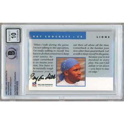 Footballs- Autographed- Ray Crockett Detroit Lions Signed 1992 Pro Line Portraits Trading Card Beckett Authentic BGS Auto-10 Graded Slab Back