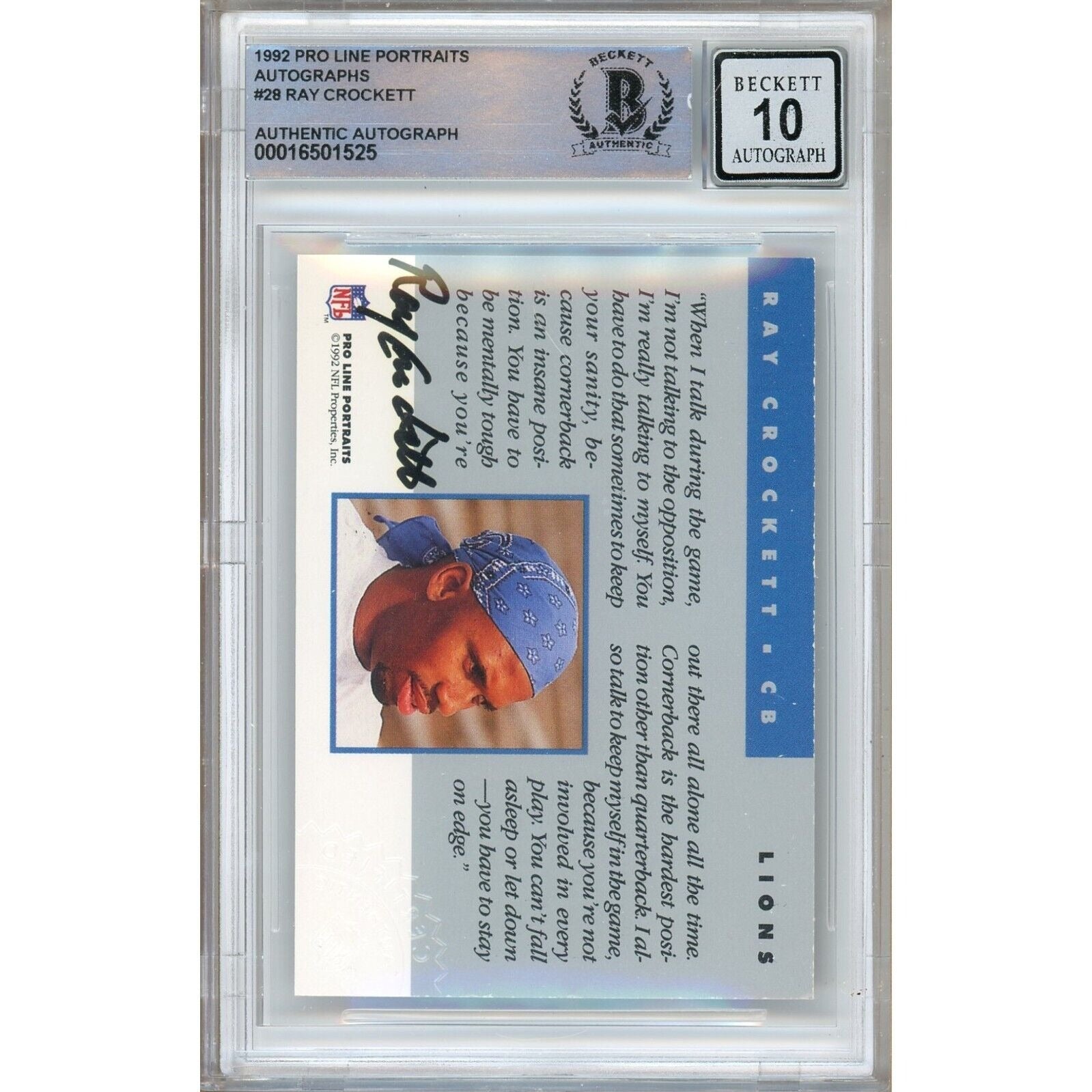 Ray Crockett Detroit Lions trading card autograph – angled display – Beckett COA
