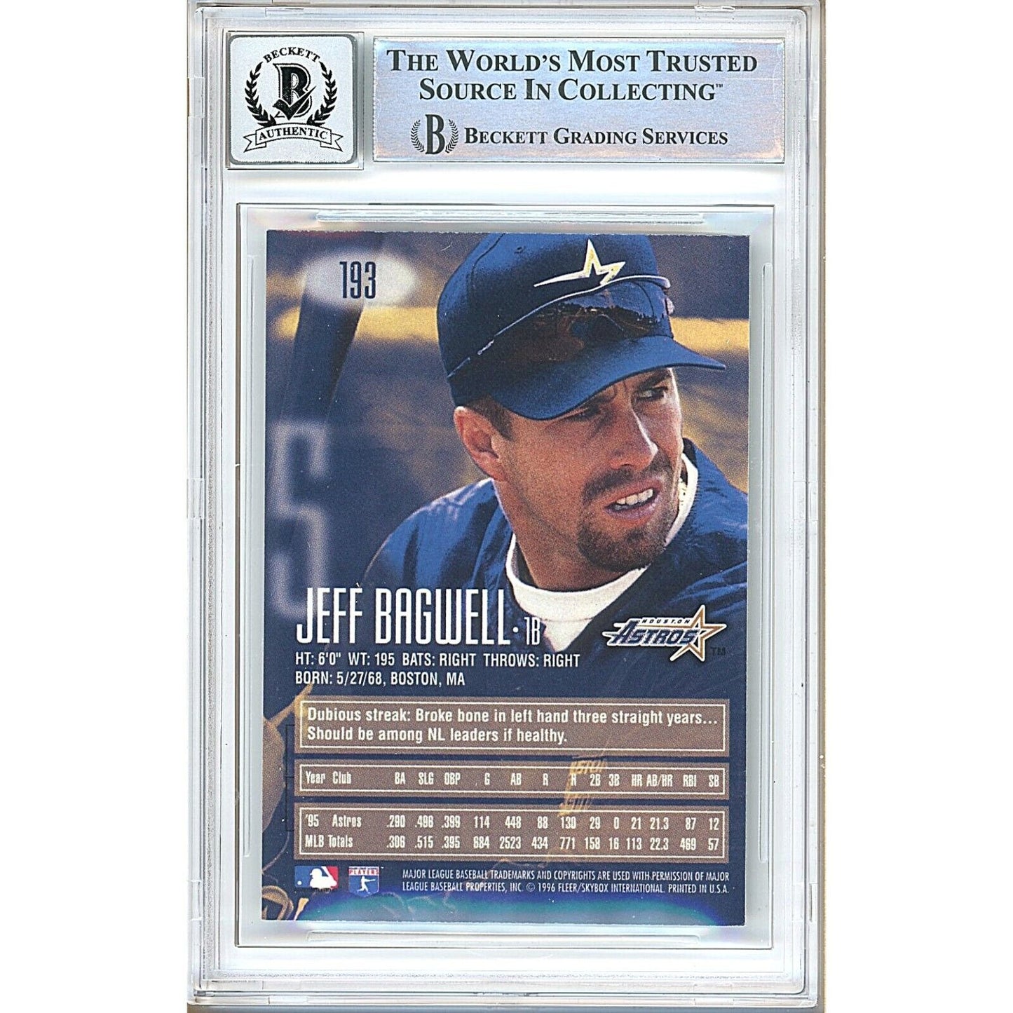 Baseballs- Autographed- Jeff Bagwell Houston Astros Signed 1996 Skybox Emotion XL Baseball Card Beckett Authentic BGS Auto-10 Graded Slab Back