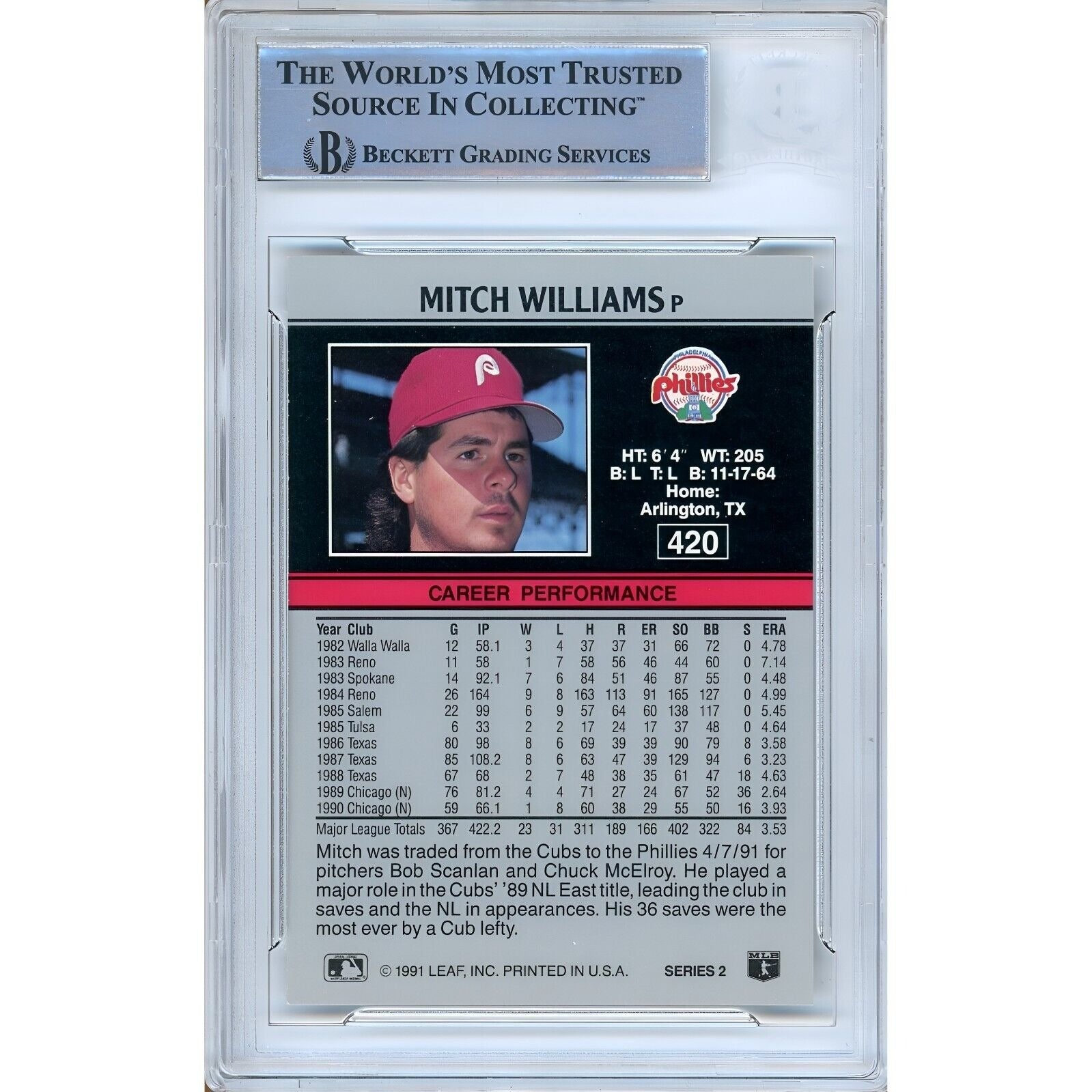 Mitch Williams Philadelphia Phillies auto trading card – authentication sticker – Beckett COA