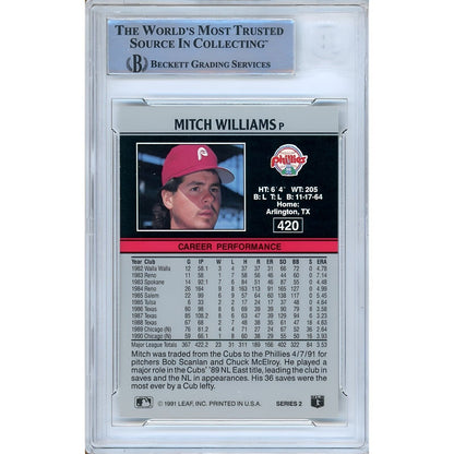 Baseballs- Autographed- Mitch Williams Philadelphia Phillies Signed 1991 Leaf Baseball Card Beckett Authentic Auto Slab Back