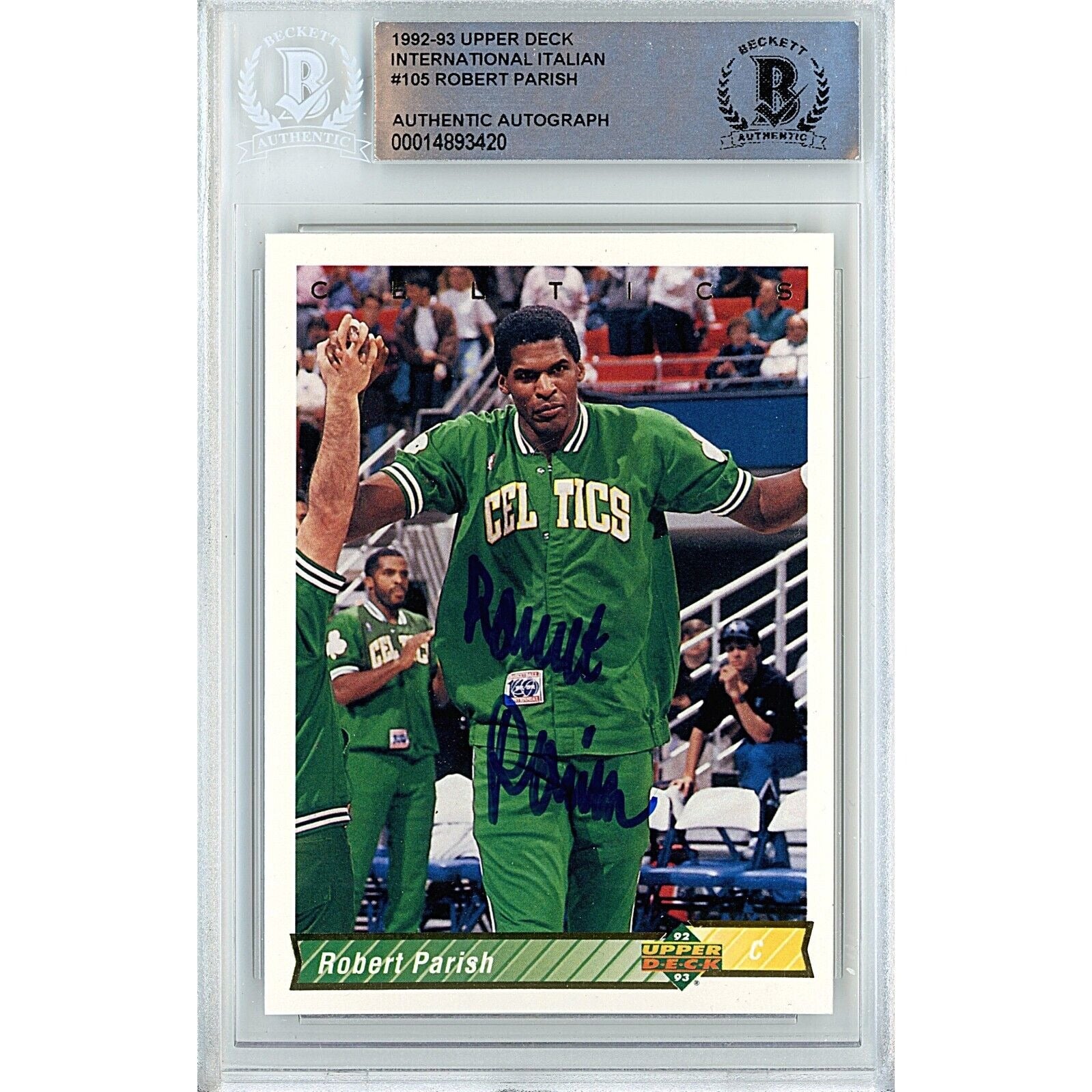 Basketballs- Autographed- Robert Parish Boston Celtics Signed 1992-93 Upper Deck International Italian Basketball Card Beckett Authentic Auto Slab Front