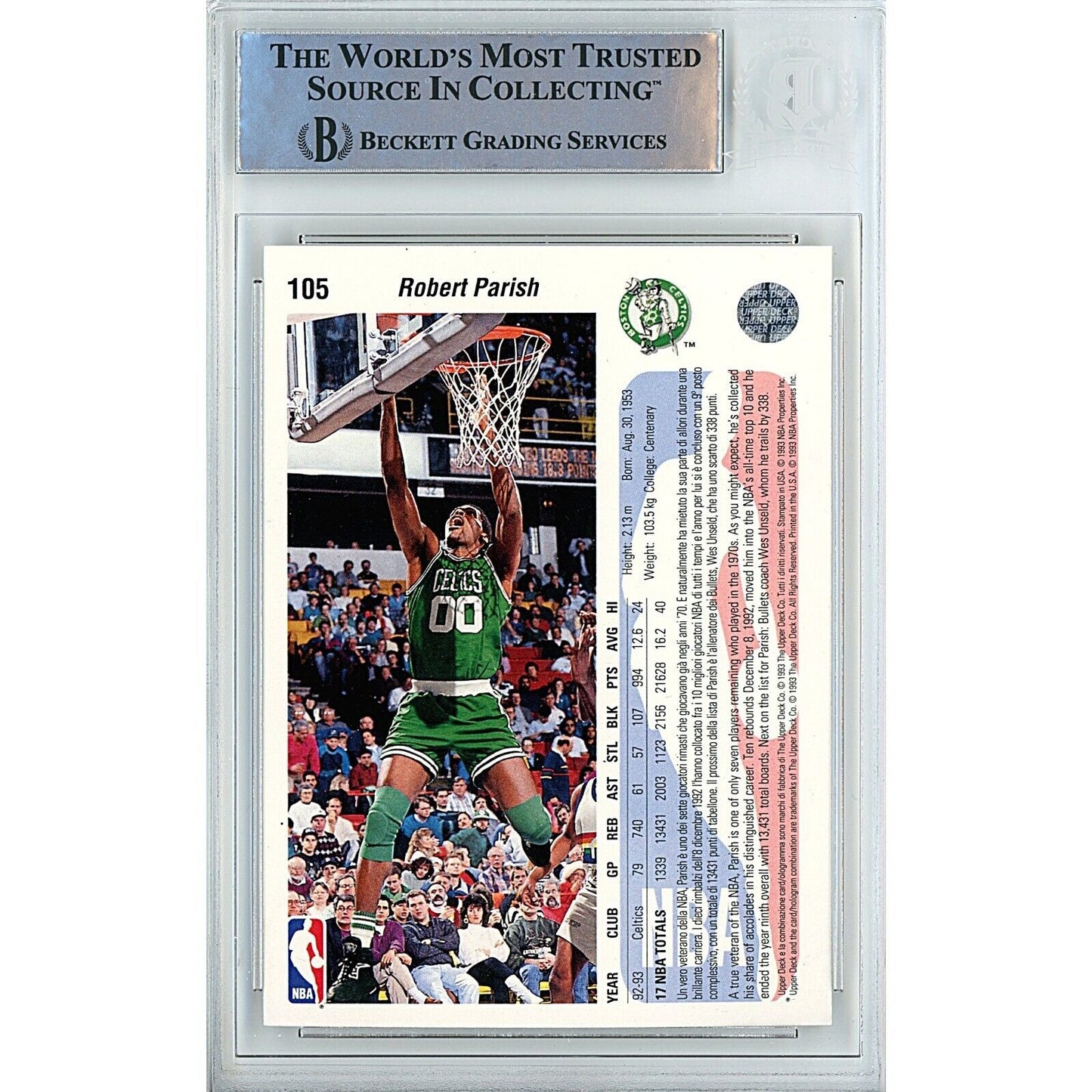 Basketballs- Autographed- Robert Parish Boston Celtics Signed 1992-93 Upper Deck International Italian Basketball Card Beckett Authentic Auto Slab Back