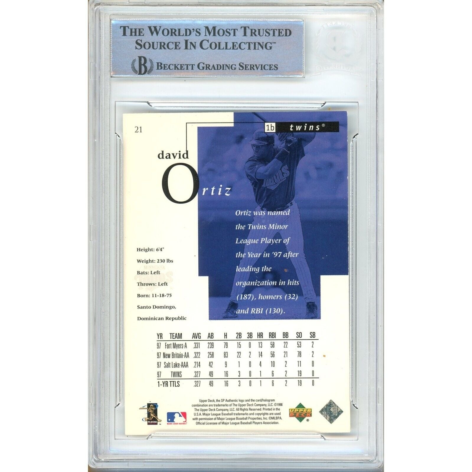 Baseballs- Autographed- David Ortiz Minnesota Twins Signed 1998 SP Authentic Rookie Baseball Card Beckett Authentic Auto Slab Back