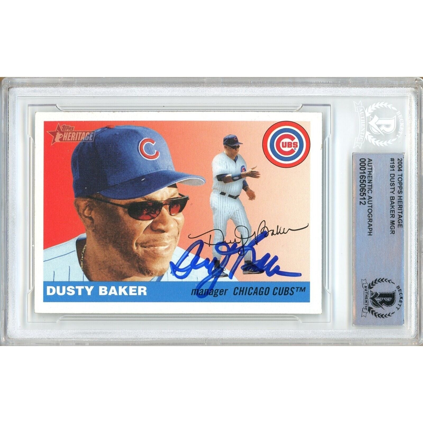 Baseballs- Autographed- Dusty Baker Chicago Cubs Signed 2004 Topps Heritage Baseball Card Beckett Authentic Auto Slab Front