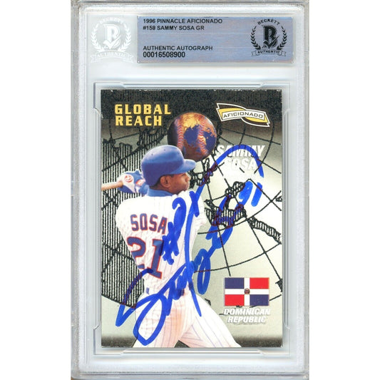 Baseballs- Autographed- Sammy Sosa Chicago Cubs Signed 1996 Pinnacle Aficionado Global Reach Trading Card Beckett Authentic Auto Slab Front