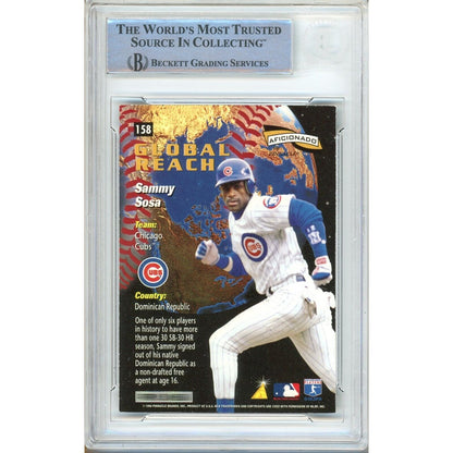 Baseballs- Autographed- Sammy Sosa Chicago Cubs Signed 1996 Pinnacle Aficionado Global Reach Trading Card Beckett Authentic Auto Slab Back