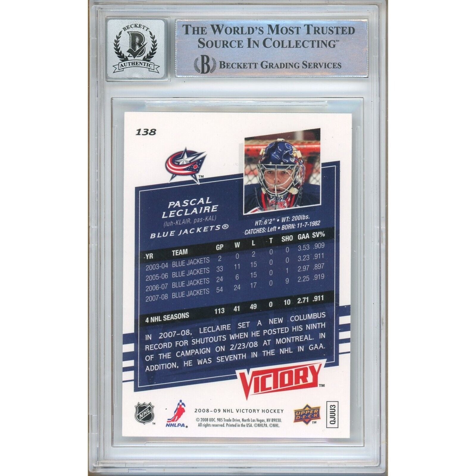 Hockey- Autographed- Pascal LeClaire Columbus Blue Jackets Signed 2008-09 Upper Deck Victory Hockey Card Beckett Authentic BGS Auto-10 Graded Slab Back