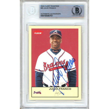 Baseballs- Autographed- Julio Franco Atlanta Braves Signed 2005 Fleer Tradition Baseball Card Beckett Authentic Auto Slab Front