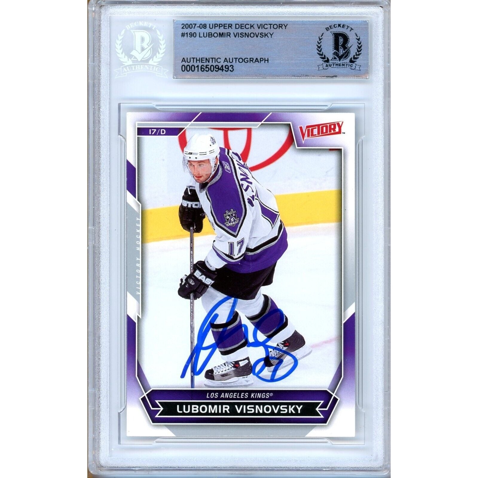 Hockey- Autographed- Lubomir Visnovsky Los Angeles Kings Signed 2007-08 Upper Deck Victory Hockey Card Beckett Authentic Auto Slab Front