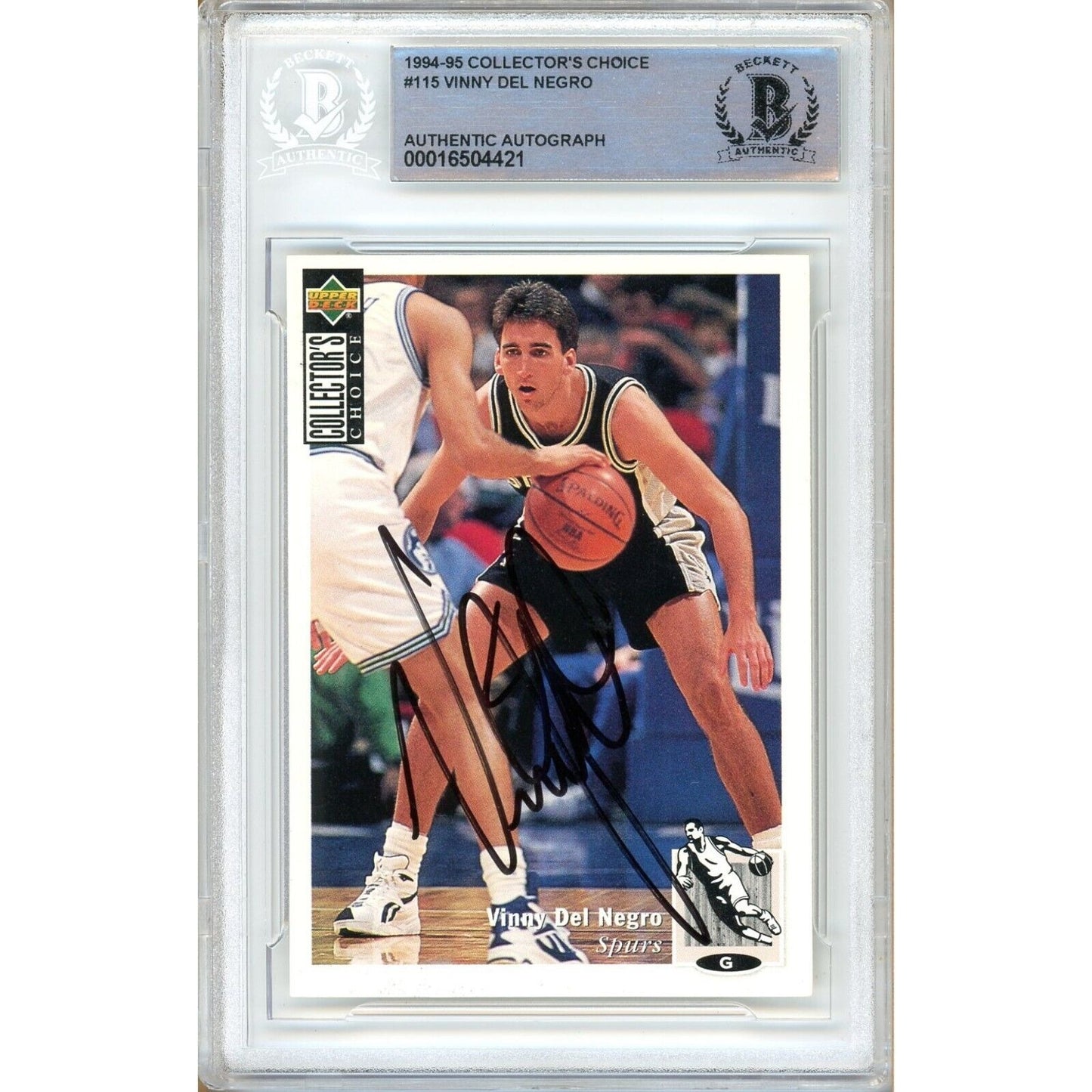 Basketballs- Autographed- Vinny Del Negro San Antonio Spurs Signed 1994-95 Upper Deck Collectors Choice Trading Card Beckett Authentic Auto Slab Front