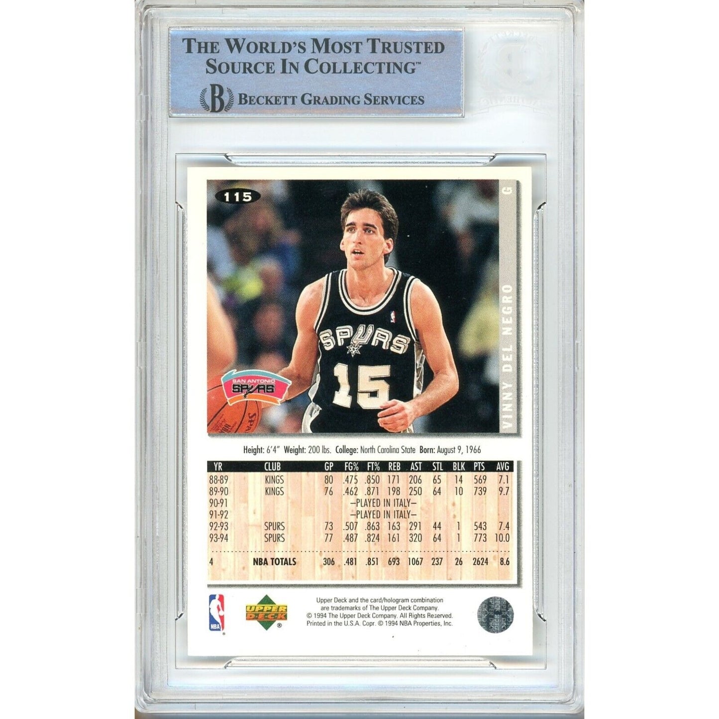 Basketballs- Autographed- Vinny Del Negro San Antonio Spurs Signed 1994-95 Upper Deck Collectors Choice Trading Card Beckett Authentic Auto Slab Back