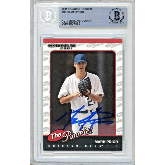 Baseballs- Autographed- Mark Prior Chicago Cubs Signed 2001 Donruss The Rookies Baseball Card Beckett Authentic Auto Slab Front