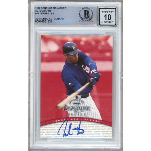 Baseballs- Autographed- Derrek Lee San Diego Padres Signed 1997 Donruss Signature Autographs Baseball Card Beckett Authentic BGS Auto-10 Graded Slab Front