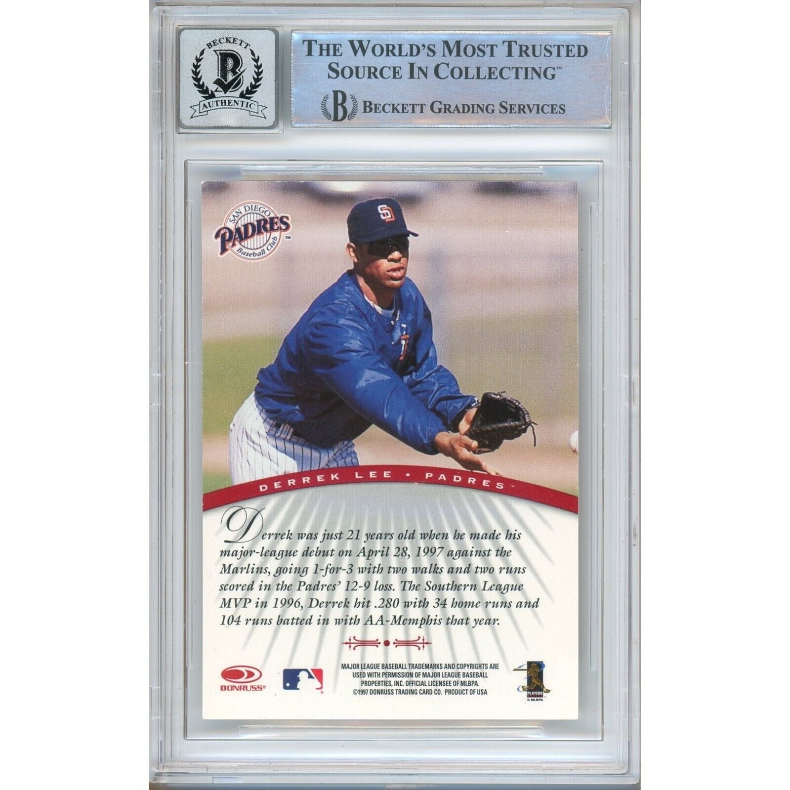 Baseballs- Autographed- Derrek Lee San Diego Padres Signed 1997 Donruss Signature Autographs Baseball Card Beckett Authentic BGS Auto-10 Graded Slab Back