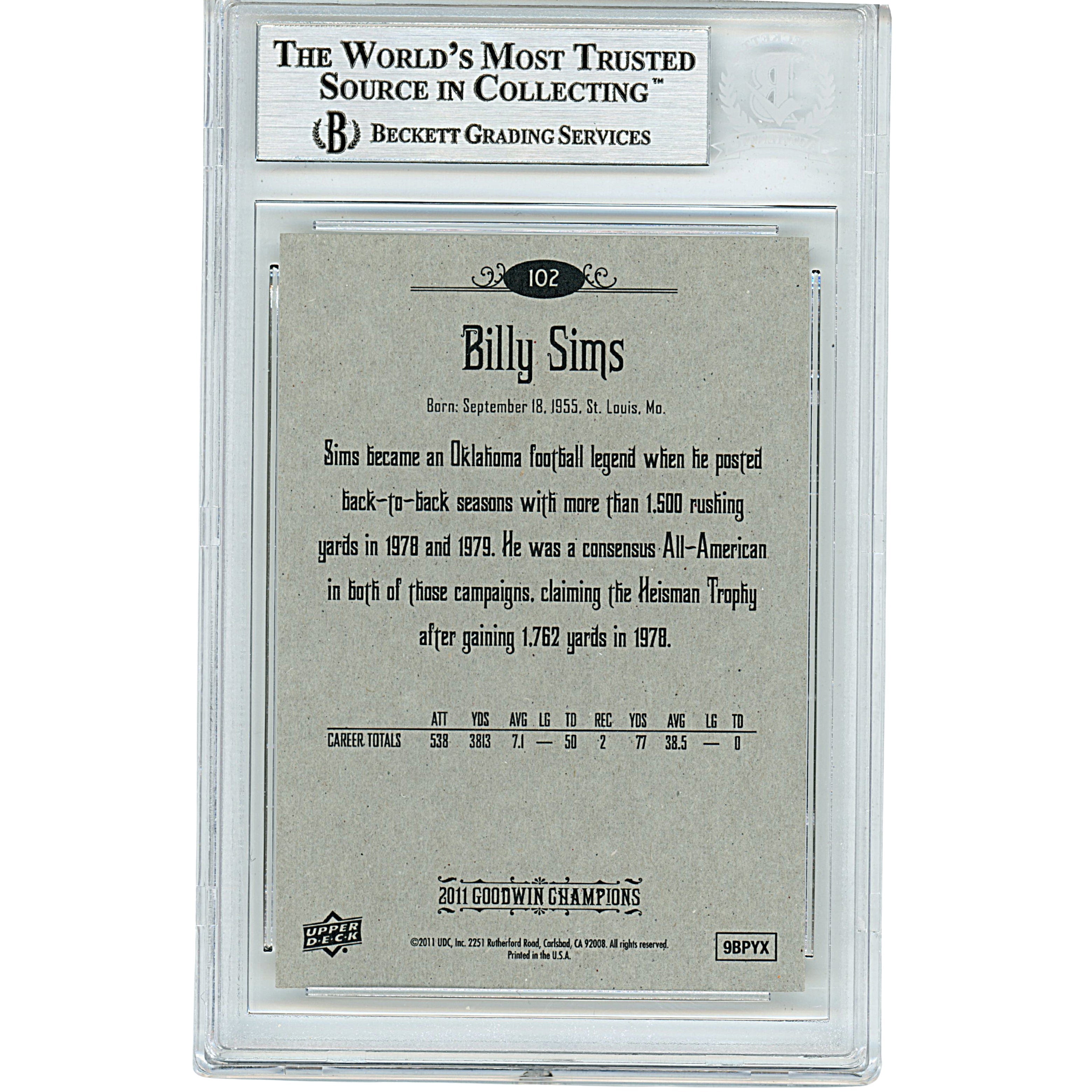 Billy Sims Upper Deck Goodwin Champions Signed Trading Card Beckett BAS