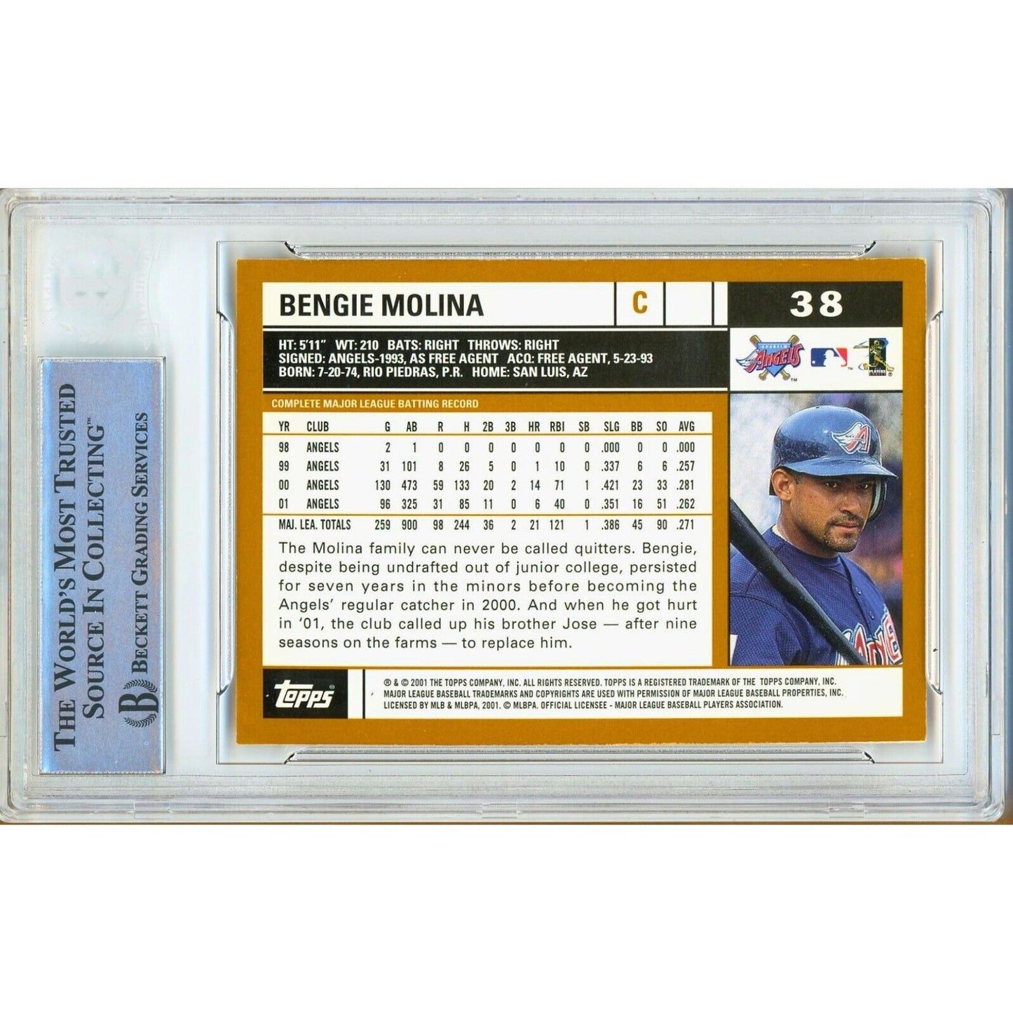 Baseballs- Autographed- Bengie Molina Los Angeles Angels Signed 2002 Topps Baseball Card Beckett Authentic Auto Slab Back