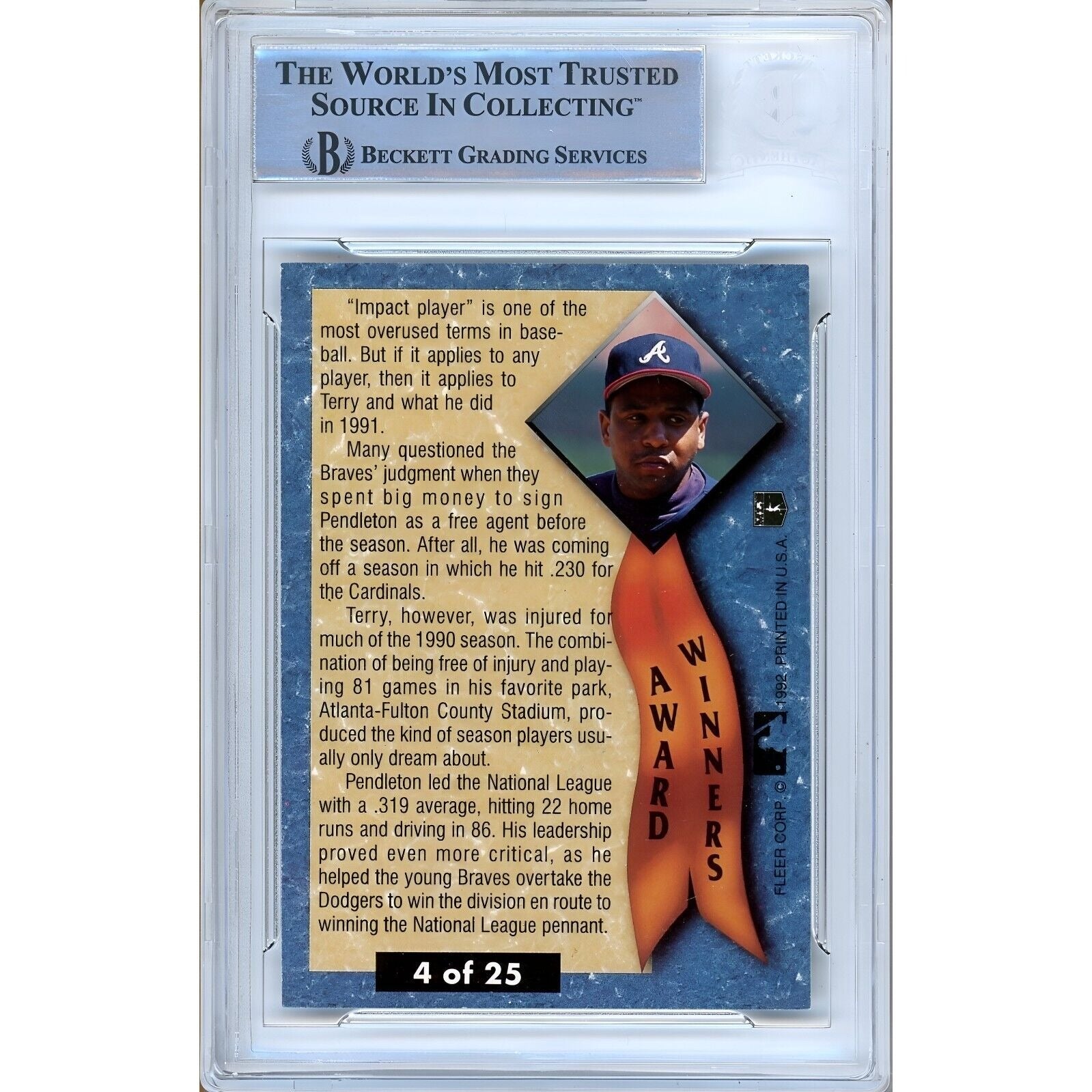 Terry Pendleton Atlanta Braves signed trading card – signature close-up – Beckett COA