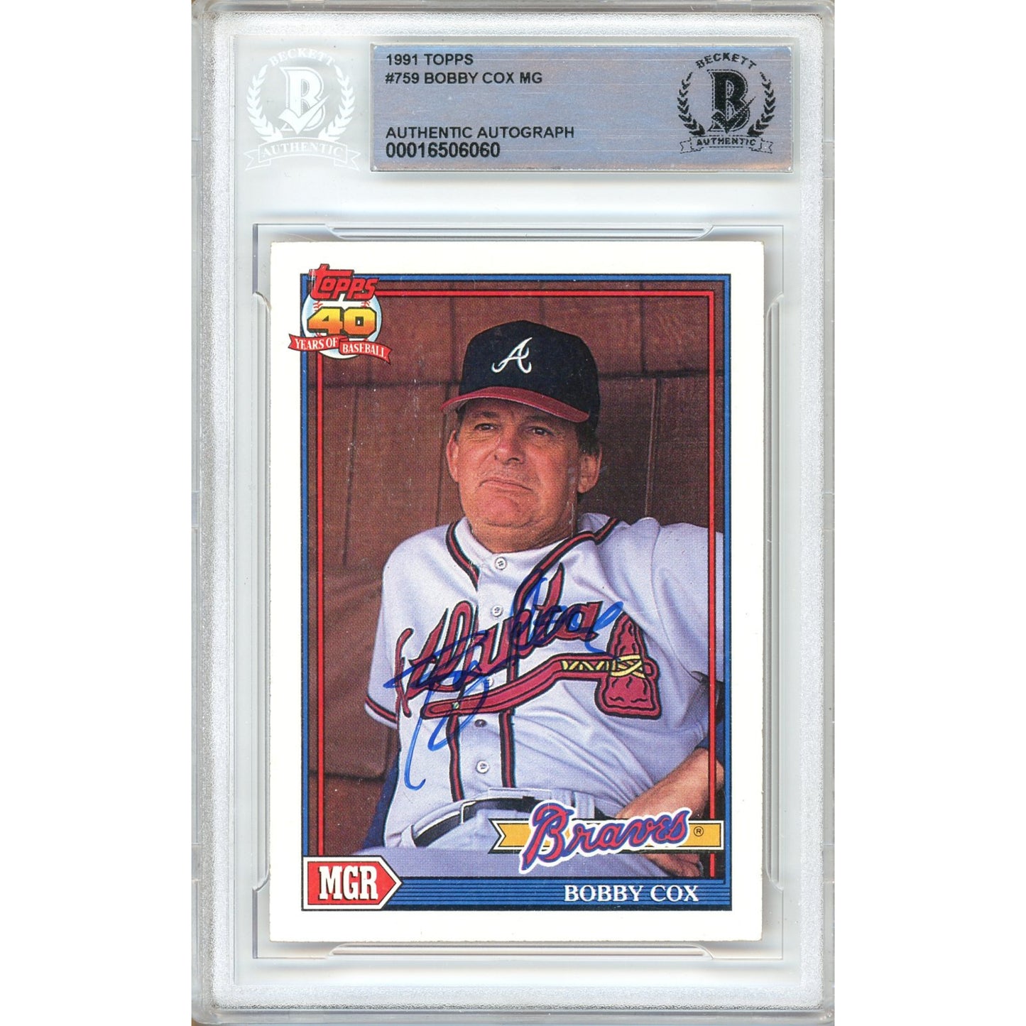 Baseballs- Autographed- Bobby Cox Atlanta Braves Signed 1991 Topps Baseball Trading Card Beckett Authentic Auto Slab Front